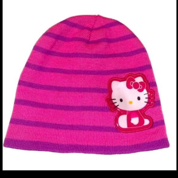 Hello Kitty beanie stripe knit kids cap hat OS pink purple winter vintage y2k - Picture 9 of 9
